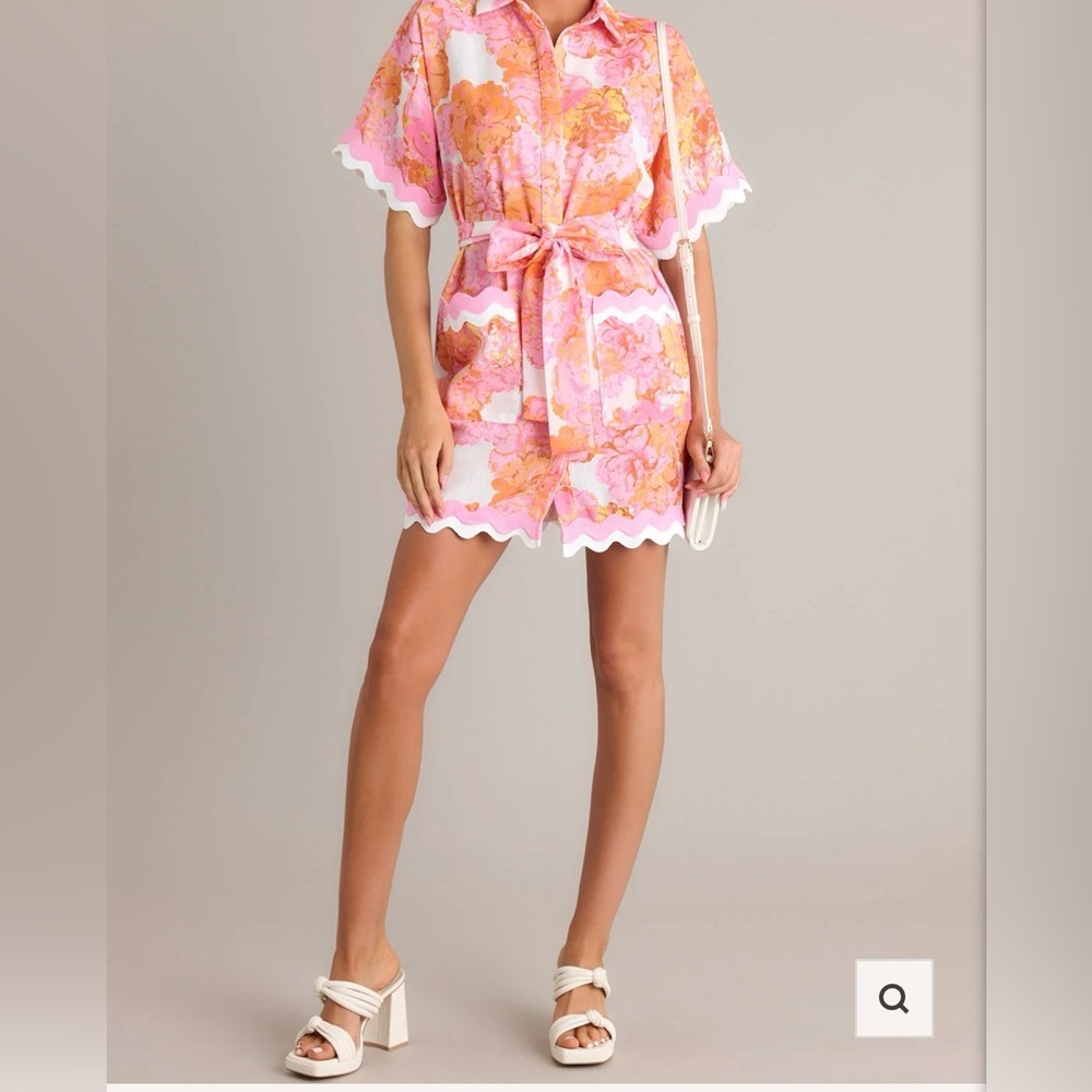Floral pink & tangerine button dress with wave trim women’s NWT - Picture 2 of 6